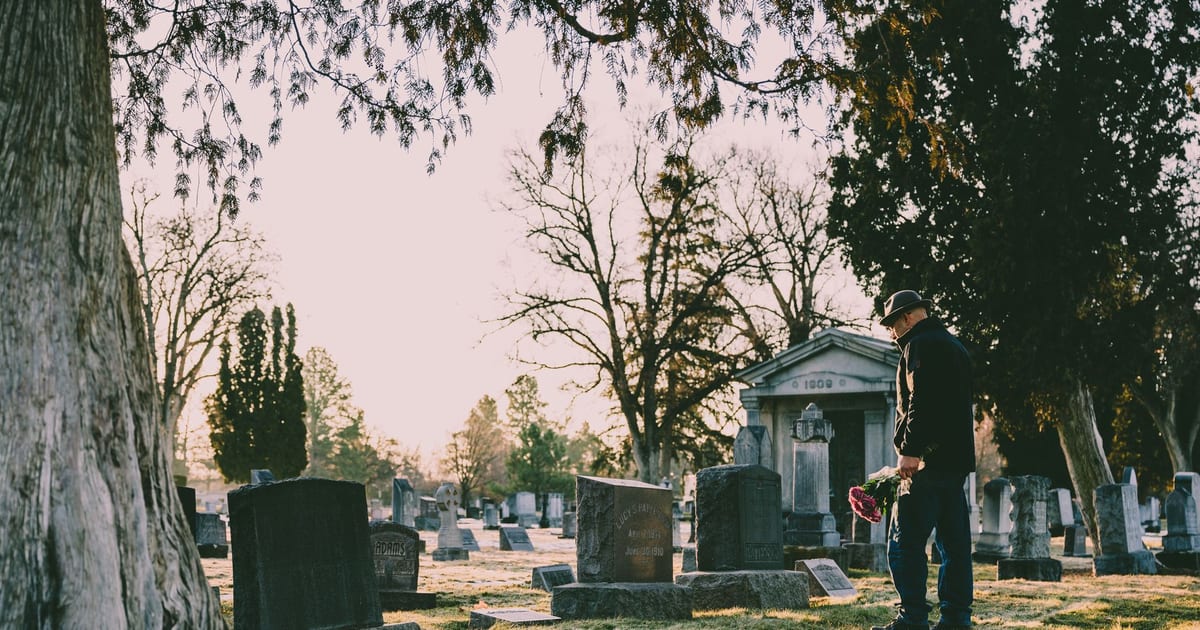 A person stands in a peaceful cemetery holding flowers in remembrance.